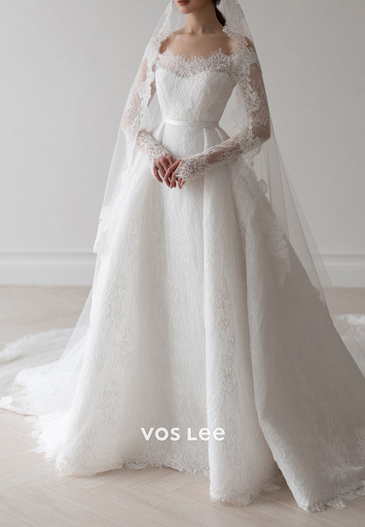Off the Shoulder Appliques Lace A-Line Wedding Dresses with Court Train