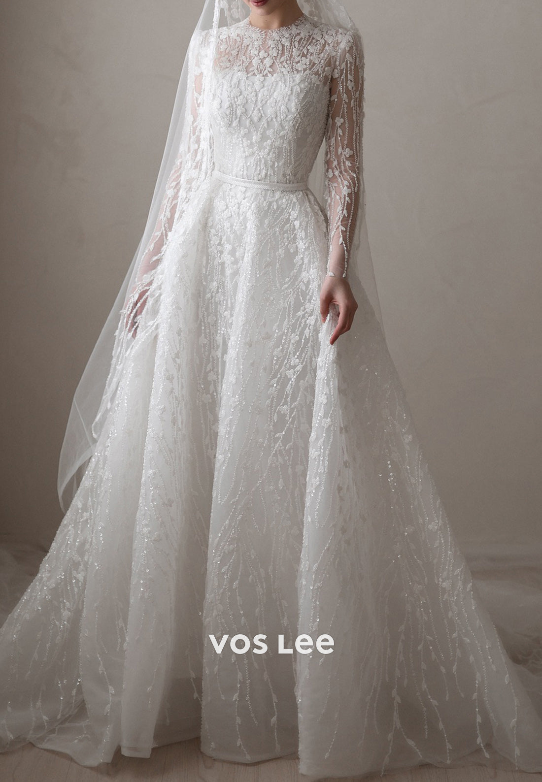 Long Sleeve A-Line Scoop Beading Embellished Wedding Dresses with Court Train