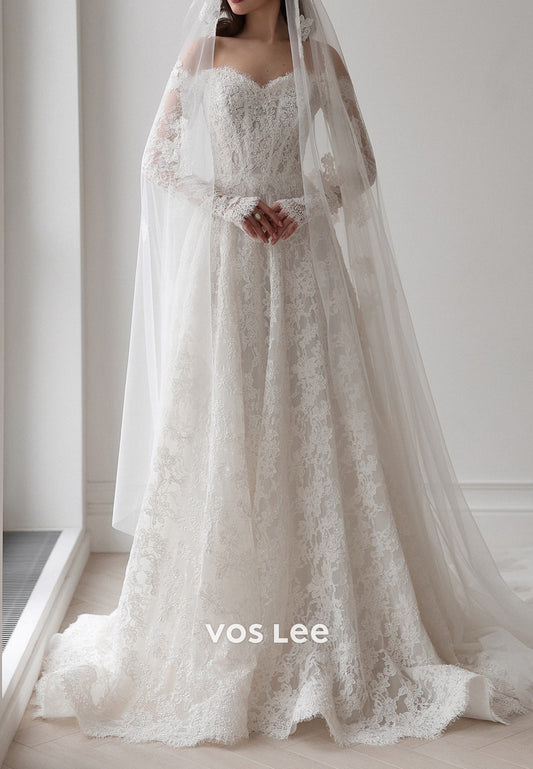 Long Sleeve Off the Shoulder Lace Floral Embellished Wedding Dresses