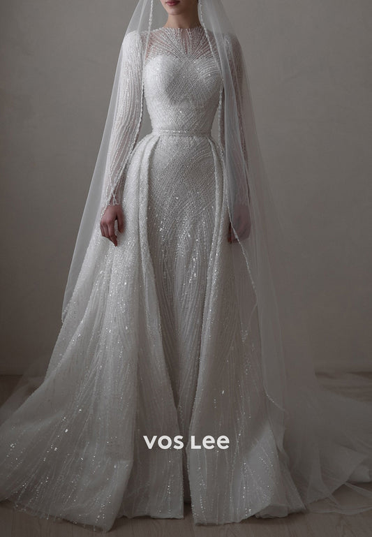 Long Sleeve Scoop Fully Sequins Beaded Wedding Dresses with Detachable Train