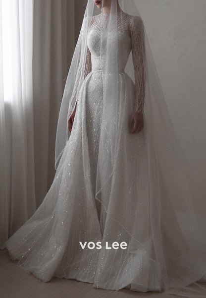 Long Sleeve Scoop Fully Sequins Beaded Wedding Dresses with Detachable Train