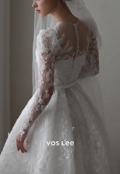 A-Line Scoop Appliques Lace Beaded Sequins Wedding Dresses with Chapel Train