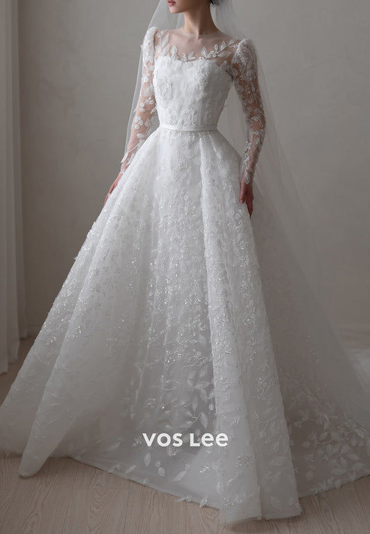 A-Line Scoop Appliques Lace Beaded Sequins Wedding Dresses with Chapel Train