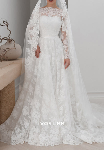 A-Line Bateau Neck Long Sleeve Appliques Lace Wedding Dresses with Court Train