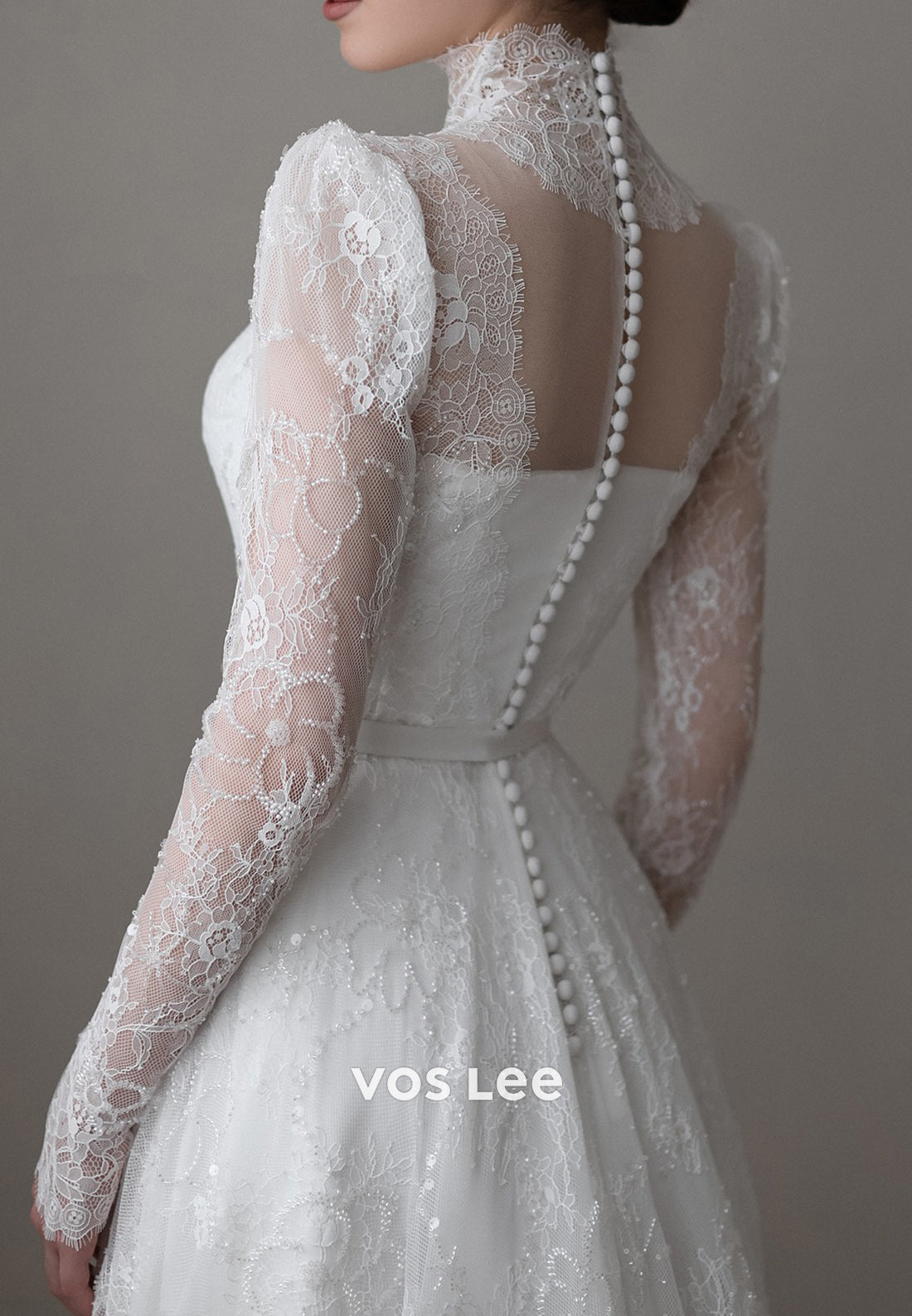 A-Line Illusion Neck Beaded Appliques Lace Wedding Dresses with Court Train