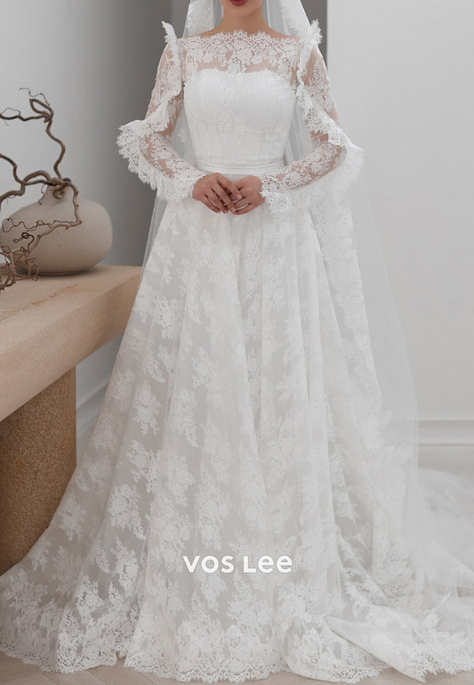 A-Line Bateau Neck Long Sleeve Appliques Lace Wedding Dresses with Court Train