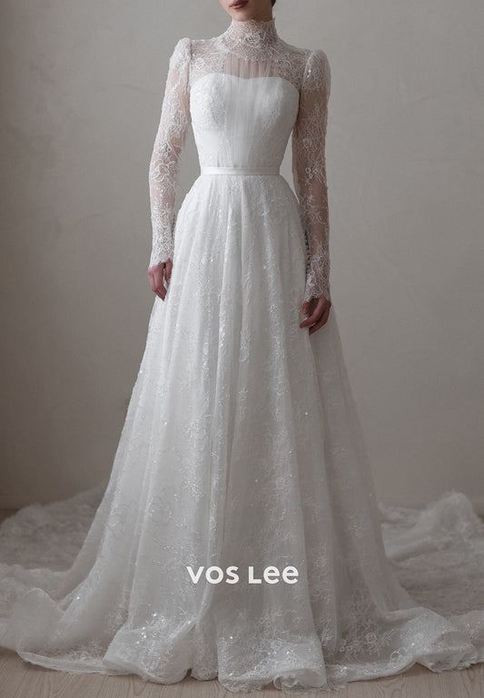 A-Line Illusion Neck Beaded Appliques Lace Wedding Dresses with Court Train