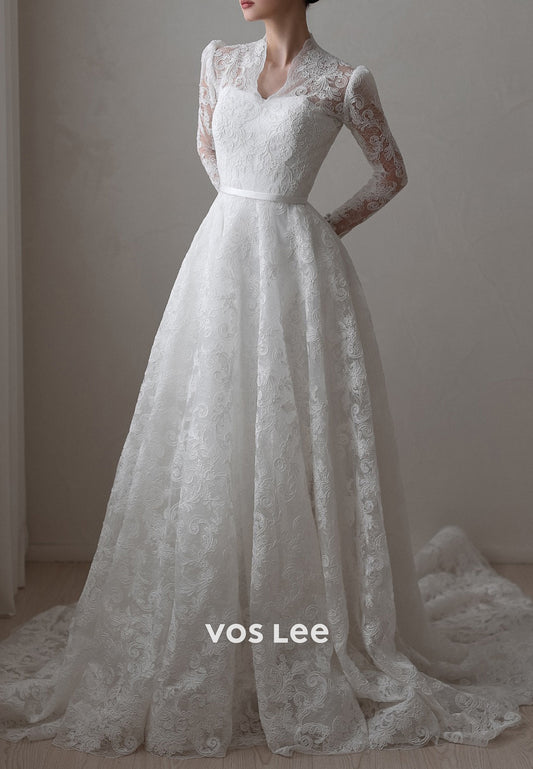 A-Line V Neck Long Sleeve Appliques Lace Wedding Dresses with Court Train