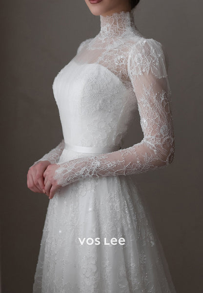 A-Line Illusion Neck Beaded Appliques Lace Wedding Dresses with Court Train