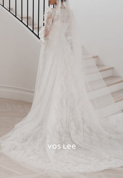 A-Line Bateau Neck Long Sleeve Appliques Lace Wedding Dresses with Court Train