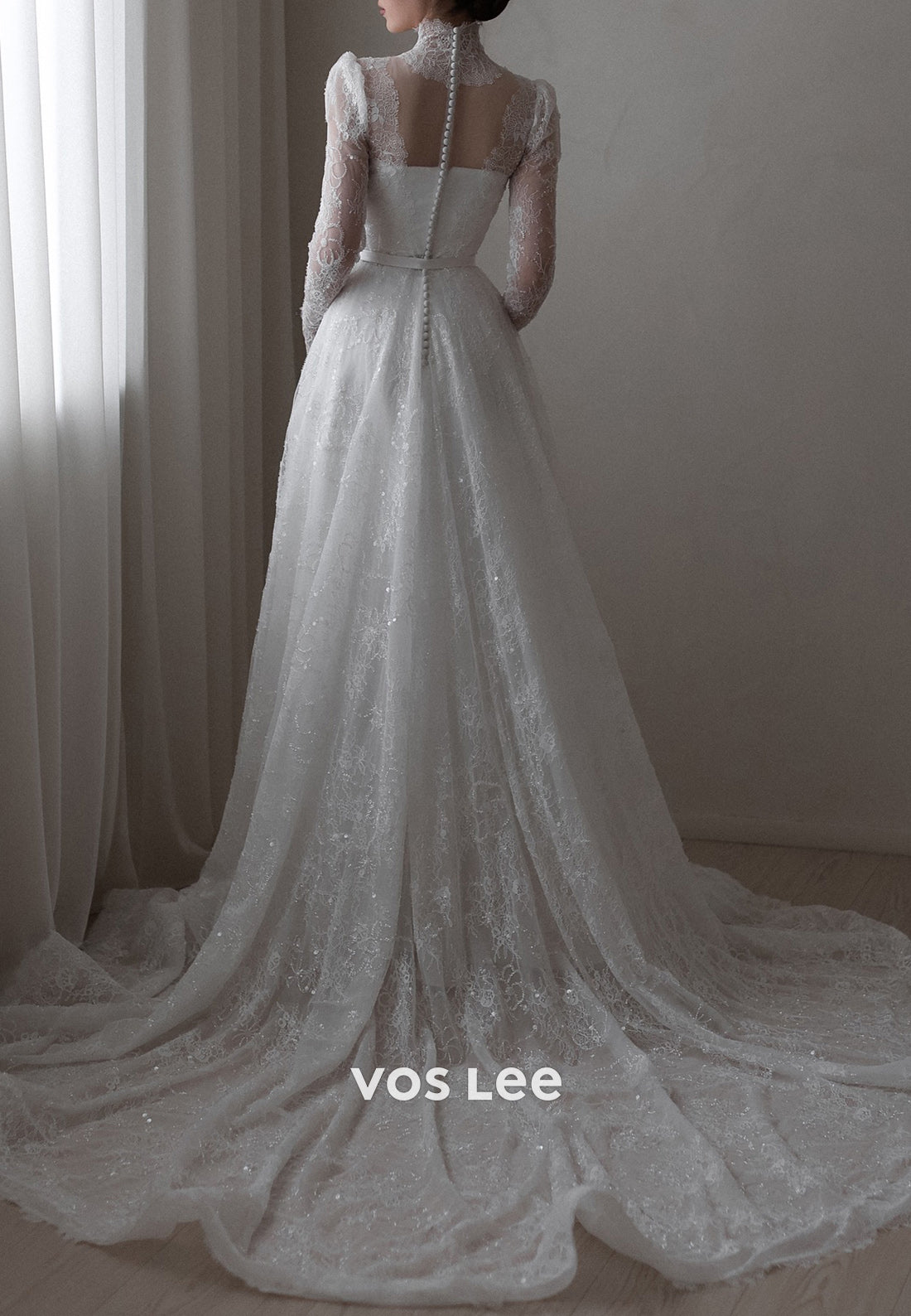 A-Line Illusion Neck Beaded Appliques Lace Wedding Dresses with Court Train