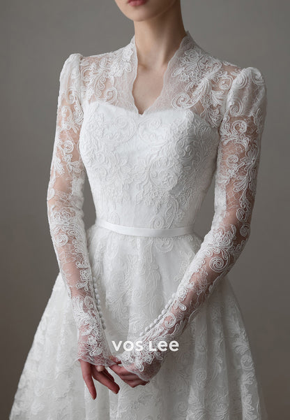 A-Line V Neck Long Sleeve Appliques Lace Wedding Dresses with Court Train