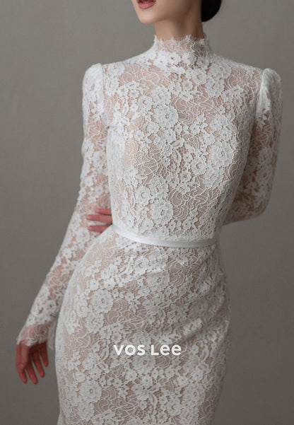 Appliques Lace High Neck Long Sleeve Mermaid Wedding Dresses with Sweep Train