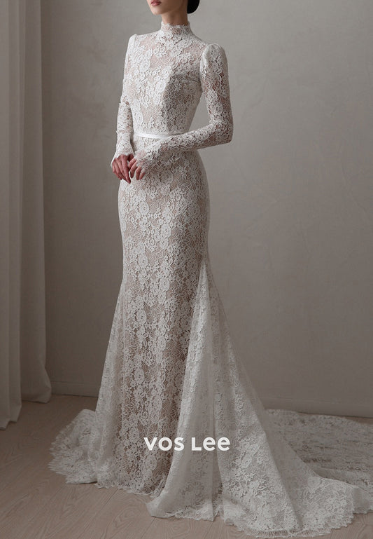 Appliques Lace High Neck Long Sleeve Mermaid Wedding Dresses with Sweep Train