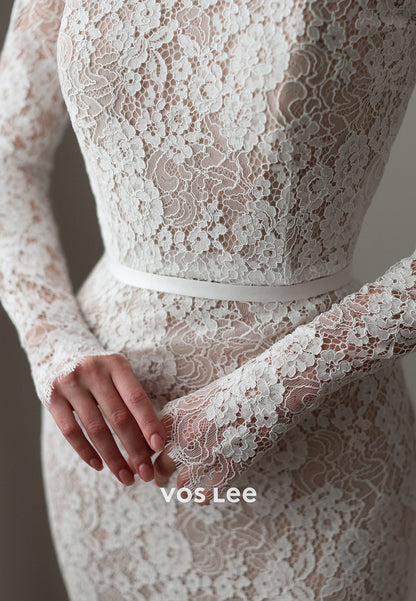 Appliques Lace High Neck Long Sleeve Mermaid Wedding Dresses with Sweep Train