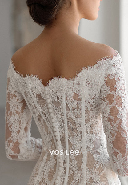Long Sleeve Off the Shoulder Appliques Lace Mermaid Wedding Dresses