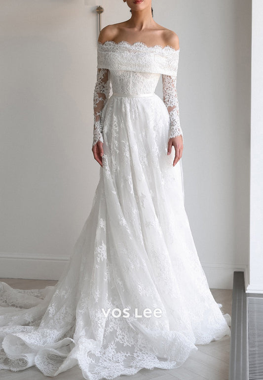 Lace Off the Shoulder Long Sleeve Covered Button Pleated Wedding Dresses