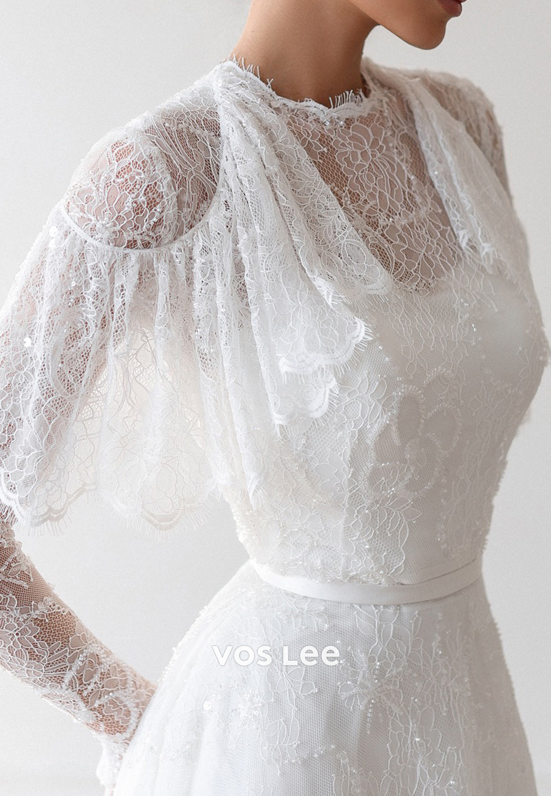 Beaded Long Sleeve Scoop Appliques Lace Sheath Wedding Dresses with Court Train