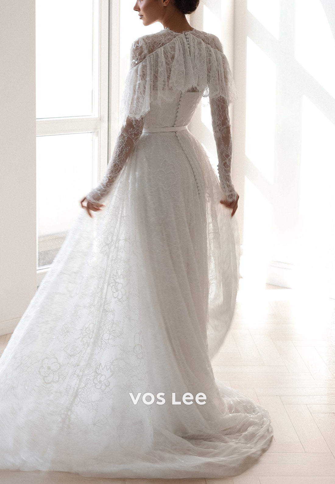 Beaded Long Sleeve Scoop Appliques Lace Sheath Wedding Dresses with Court Train