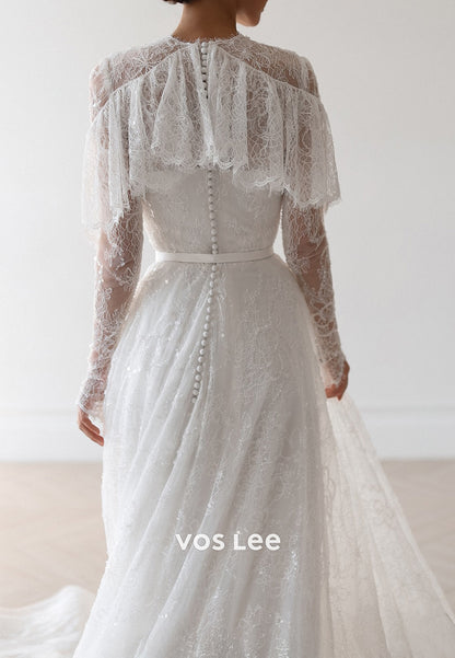 Beaded Long Sleeve Scoop Appliques Lace Sheath Wedding Dresses with Court Train
