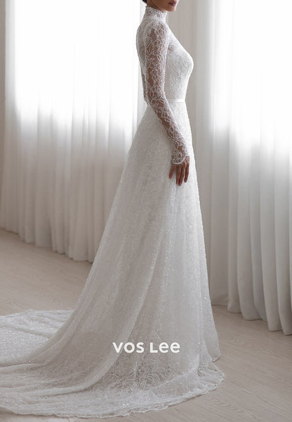 Fully Beaded Appliques Lace Sheath Wedding Dresses with Court Train