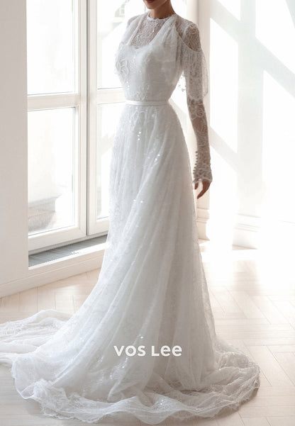 Beaded Long Sleeve Scoop Appliques Lace Sheath Wedding Dresses with Court Train