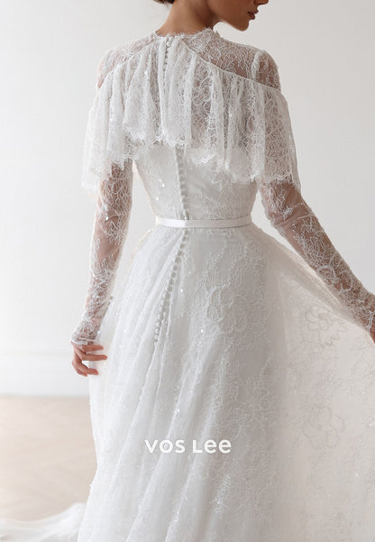 Beaded Long Sleeve Scoop Appliques Lace Sheath Wedding Dresses with Court Train
