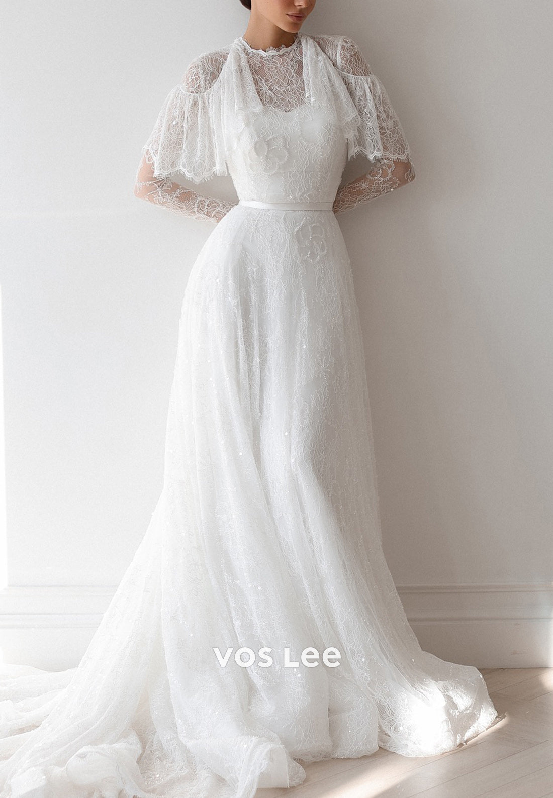 Beaded Long Sleeve Scoop Appliques Lace Sheath Wedding Dresses with Court Train
