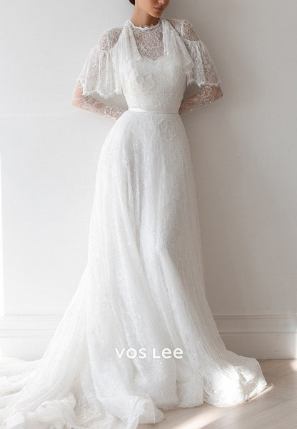 Beaded Long Sleeve Scoop Appliques Lace Sheath Wedding Dresses with Court Train