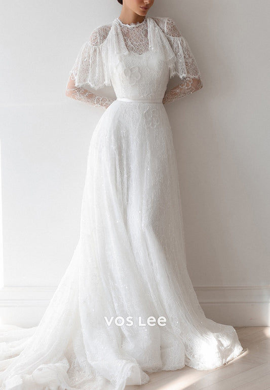 Beaded Long Sleeve Scoop Appliques Lace Sheath Wedding Dresses with Court Train