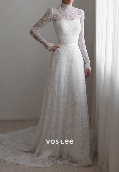 Fully Beaded Appliques Lace Sheath Wedding Dresses with Court Train