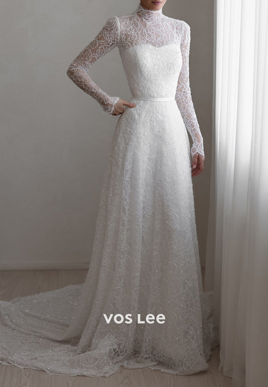 Fully Beaded Appliques Lace Sheath Wedding Dresses with Court Train