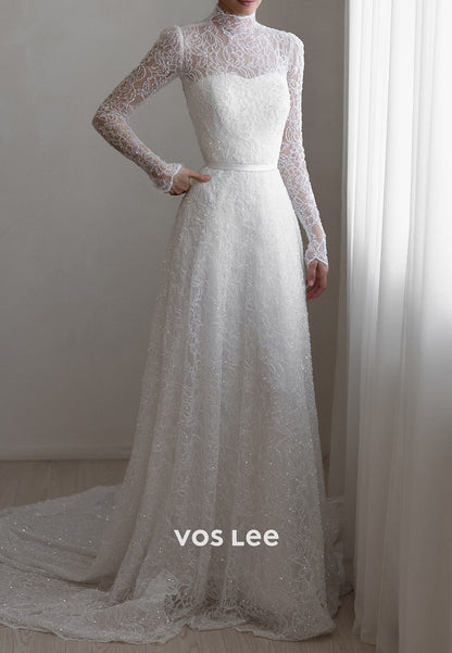 Fully Beaded Appliques Lace Sheath Wedding Dresses with Court Train