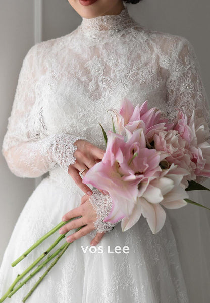 Appliques Lace Pearl Long Sleeve Illusion Neck Wedding Dresses with Court Train