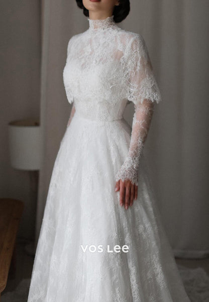 Appliques Lace Pearl Long Sleeve Illusion Neck Wedding Dresses with Court Train