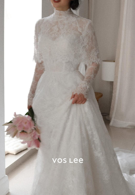 Appliques Lace Pearl Long Sleeve Illusion Neck Wedding Dresses with Court Train
