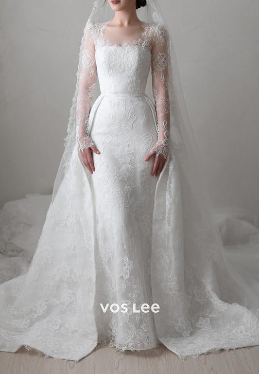 Long Sleeve Scoop Appliques Lace Mermaid Wedding Dresses with Court Train