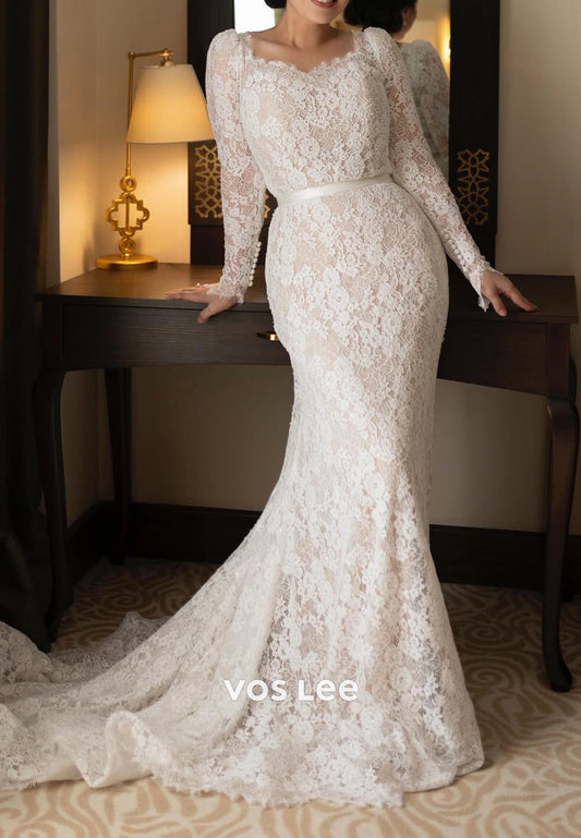 Fully Appliques Lace Long Sleeve Sweetheart Trumpet Wedding Dresses