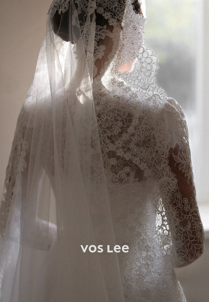 Romantic V-Neck Sheer Long Sleeve Lace A-Line Wedding Dress