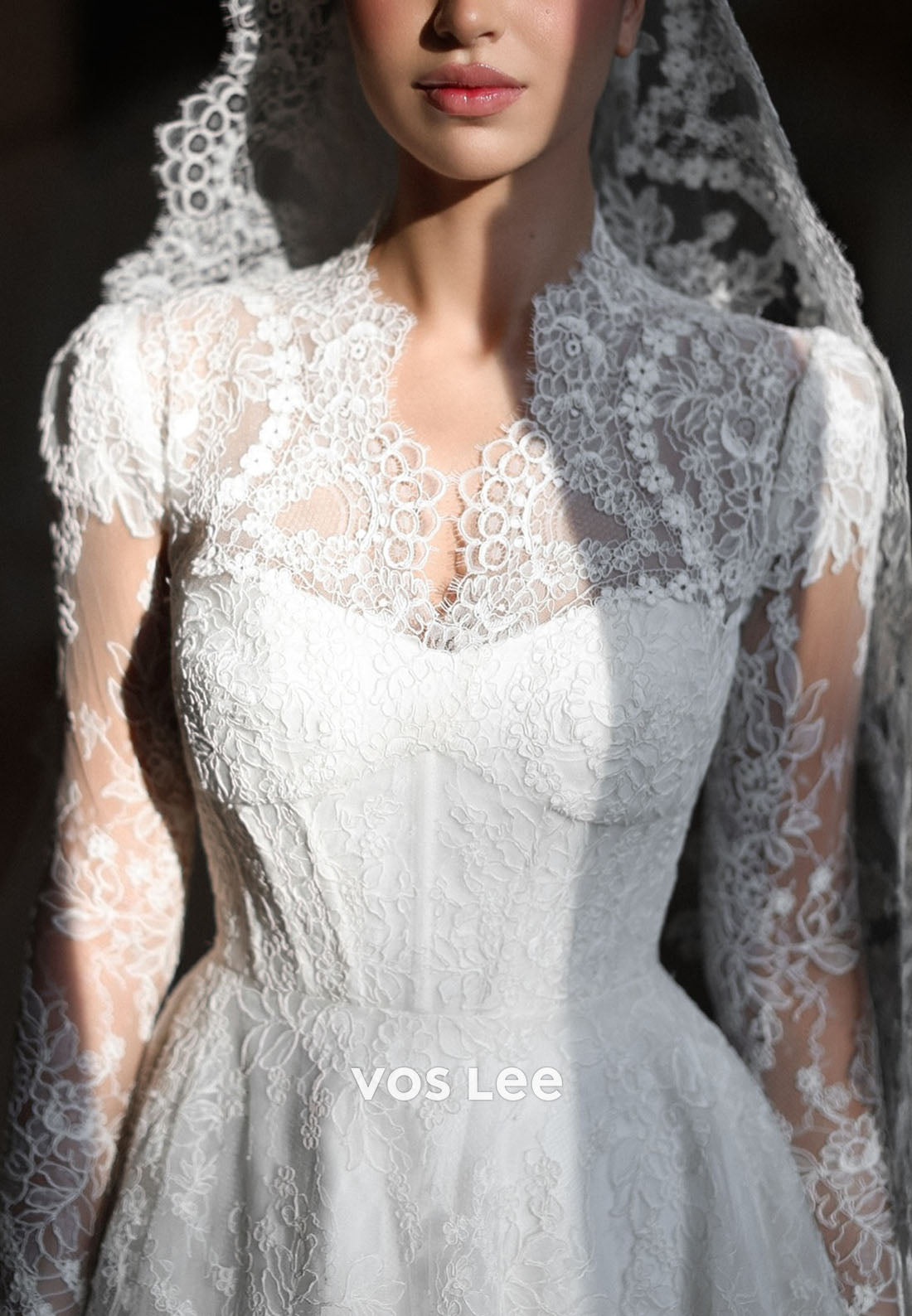 Romantic V-Neck Sheer Long Sleeve Lace A-Line Wedding Dress