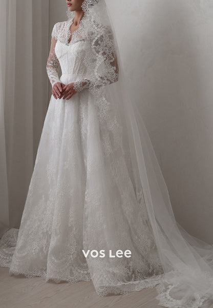 Romantic V-Neck Sheer Long Sleeve Lace A-Line Wedding Dress