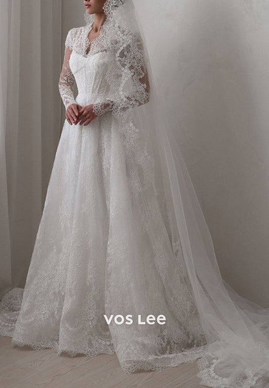 Romantic V-Neck Sheer Long Sleeve Lace A-Line Wedding Dress