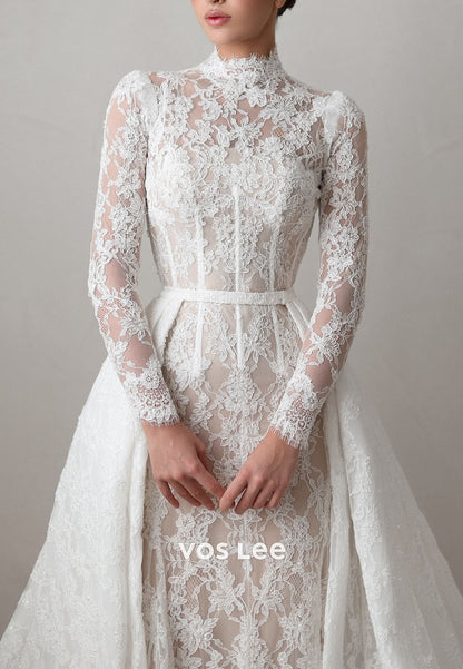 Luxury High Neck Sheer Long Sleeve Floral Lace Mermaid Wedding Dress With Detachable Train