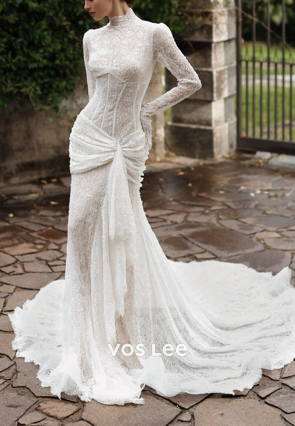 Elegant High Neck Sheer Long Sleeve Lace Mermaid Wedding Dress with Ruched