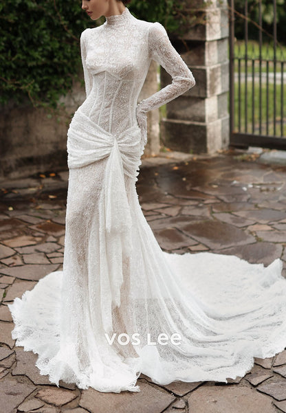 Elegant High Neck Sheer Long Sleeve Lace Mermaid Wedding Dress with Ruched