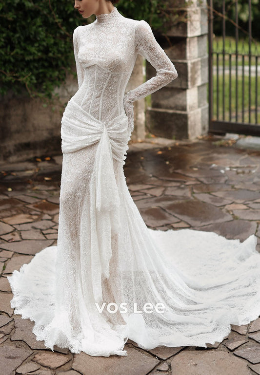 Elegant High Neck Sheer Long Sleeve Lace Mermaid Wedding Dress with Ruched