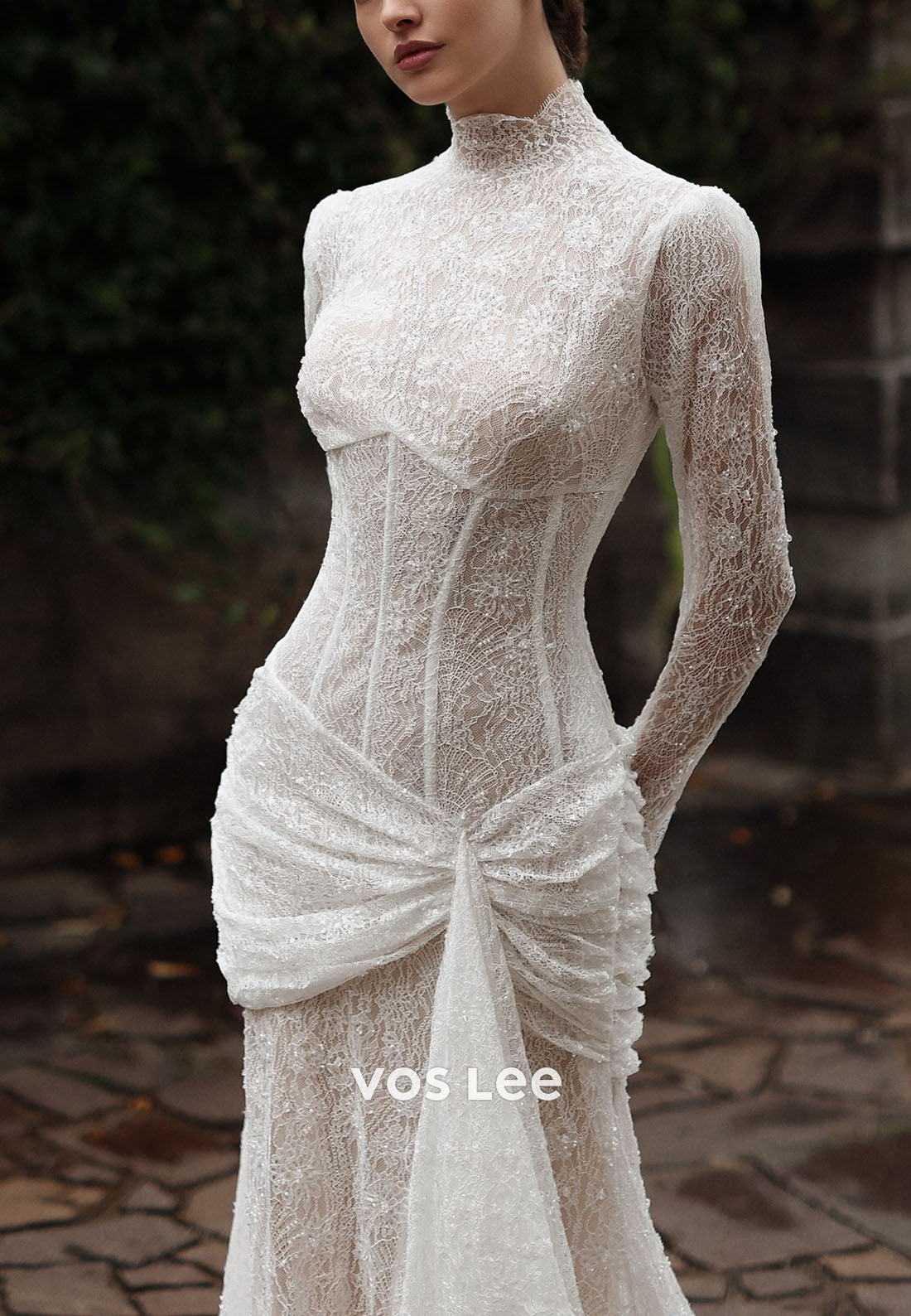 Elegant High Neck Sheer Long Sleeve Lace Mermaid Wedding Dress with Ruched