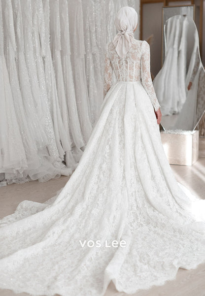 Luxury High Neck Sheer Long Sleeve Floral Lace Mermaid Wedding Dress With Detachable Train