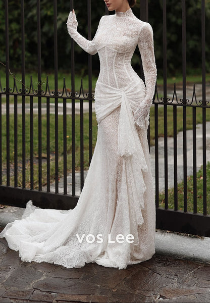 Elegant High Neck Sheer Long Sleeve Lace Mermaid Wedding Dress with Ruched
