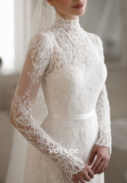 Modern Elegant High Neck Sheer Long Sleeve Lace Wedding Dress Bridal Gown